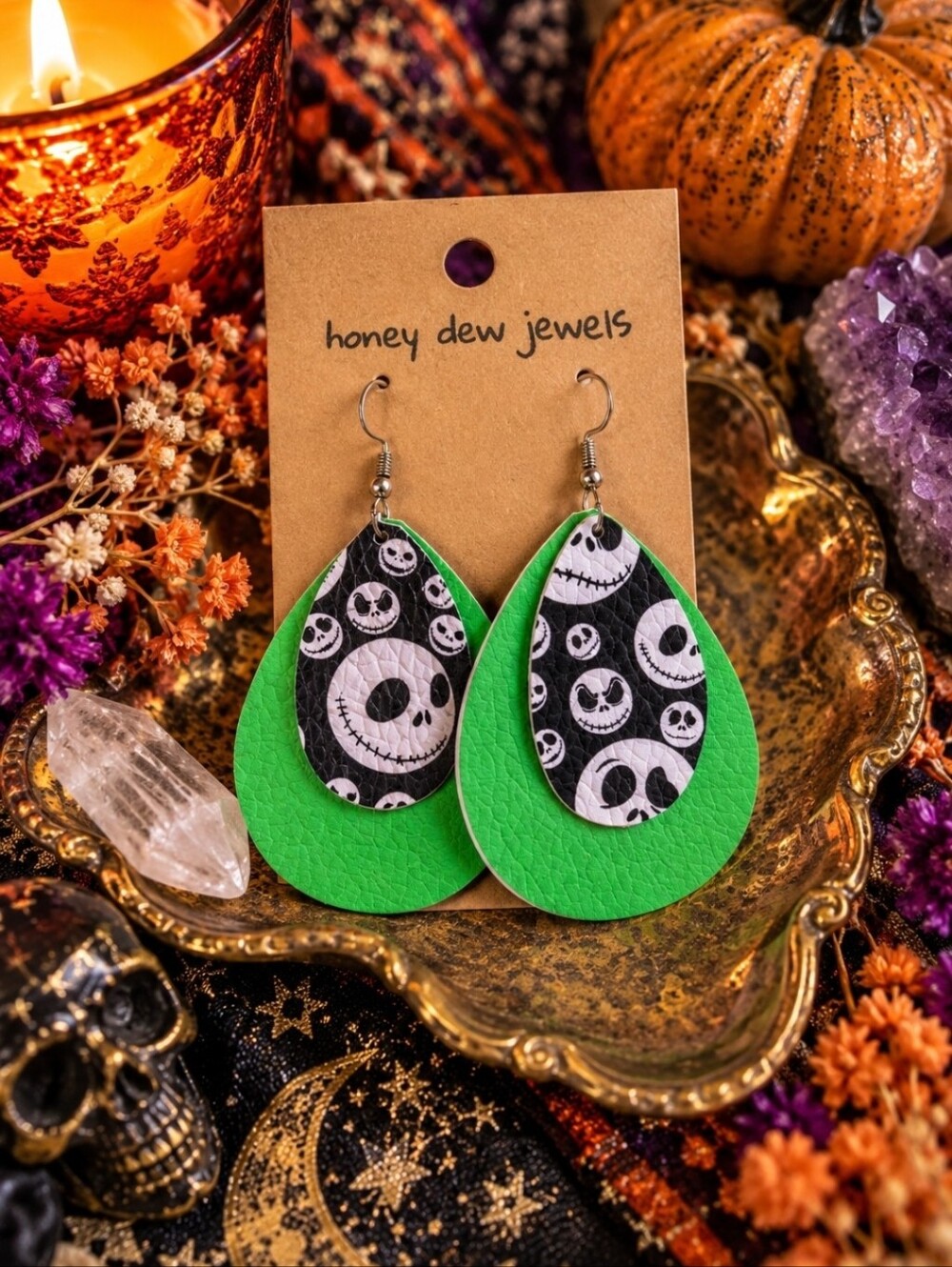 4/$15 Green Whimsygoth Halloween Statement Earrings | Handmade Teardrop Goth Alt